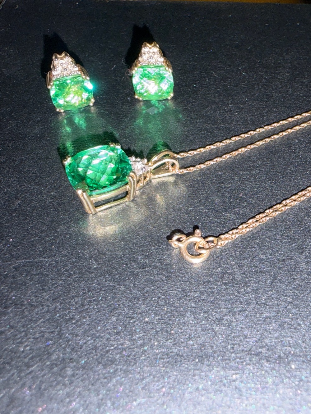 10K Green Sapphire Pendant Necklace and Earrings - Women Jewelry